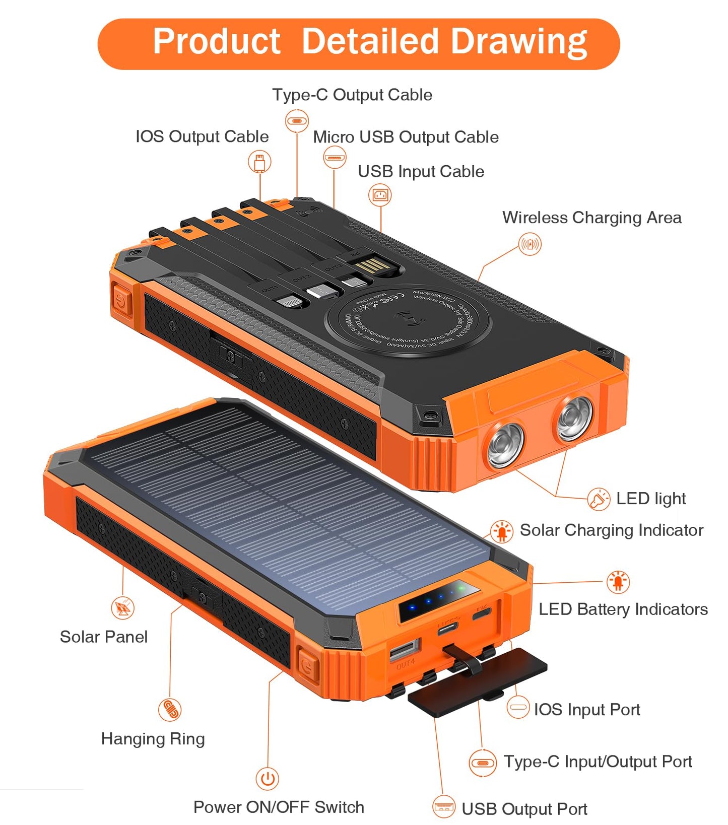 Wireless Charger Solar Power Bank Built-in Cables Waterproof/Shockproof